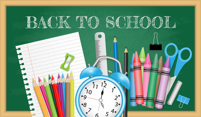 Back to school text with school supplies on green chalkboard background