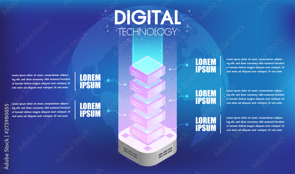 Poster concept of big data technology processing with 5 options or steps infographics server room and datab
