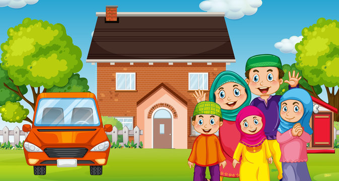 Muslim family in front of the house