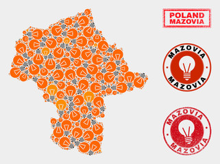 Power bulb mosaic Mazovia Province map and grunge round watermarks. Mosaic vector Mazovia Province map is designed with power bulb symbols. Abstraction for innovation services.