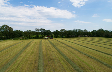 Grash&auml;cksler und Trecker beim Gras h&auml;ckseln f&uuml;r die Tierf&uuml;tterung