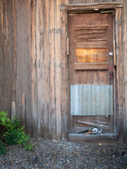 Details of the door and wood of the historic 1910 Cottonwood Cabin in Goodsprings, Nevada, USA