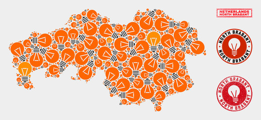 Electric lamp mosaic North Brabant Province map and rubber round stamps. Mosaic vector North Brabant Province map is created with electric bulb symbols. Abstraction for electric services.