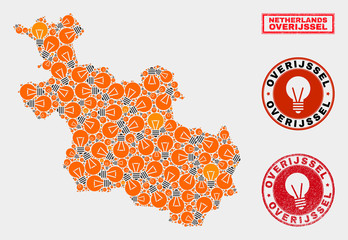 Power bulb mosaic Overijssel Province map and grunge rounded seals. Mosaic vector Overijssel Province map is created with power bulb icons. Concept for innovation services. Orange and red colors used.