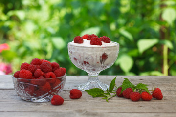 Fresh raspberries and raspberry mousse or pudding in glass bowls. Blurred Green  leaves in a background.