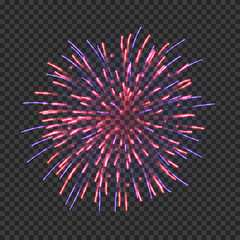 Festive fireworks with blue and res sparkles. Realistic single firework bright flash isolated on transparent background. Holiday celebration colorful vector element for greeting cards decoration