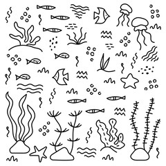 Obraz premium Doodle hand drawing pattern. Sea life. Monochrome. Simple flat motif . Vector illustration