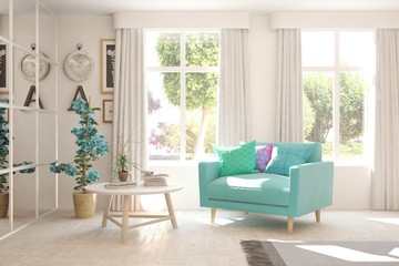 Fototapeta premium Mock up of stylish room in white color with armchair and green landscape in window. Scandinavian interior design. 3D illustration