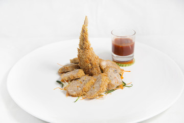 Crispy breaded bamboo shrimp with tauco sauce. Seafood cuisine dish.
