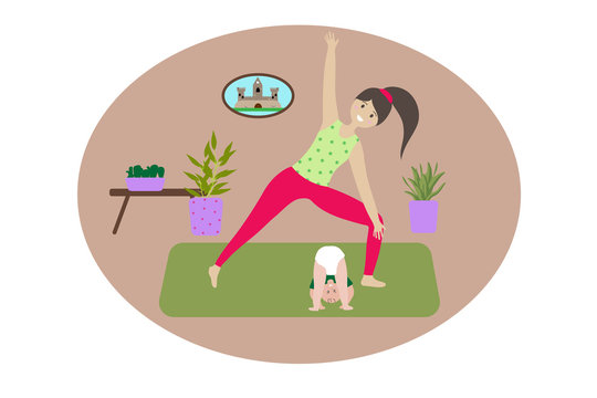  Flat vector. Mom and child in the room, table, indoor plants, painting with a lock.