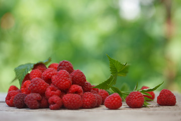 Pile of fresh Red raspberries with raspberry leaf on old wooden table, with green  blurred background. Healthy eating concept. Close up image.
