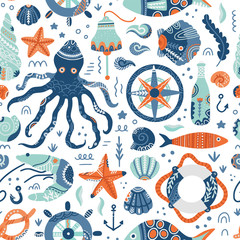 Sea world hand drawn seamless pattern