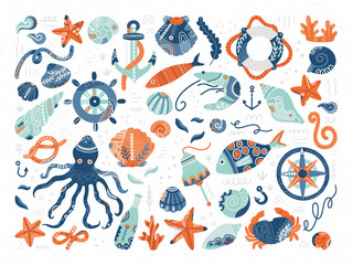 Vector collection of hand drawn marine symbols and creatures in scandinavian style. © electric cinnamon