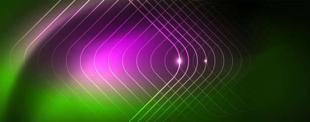 Techno glowing background, futuristic dark template with neon light effects and simple forms, vector