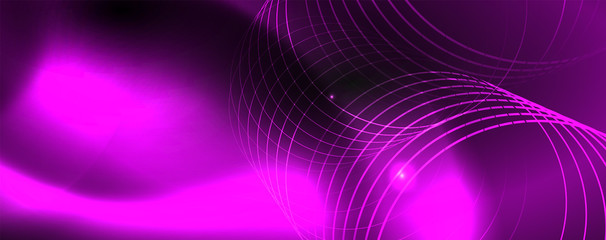 Shiny neon techno template. Neon lines background, 80s style laser rays