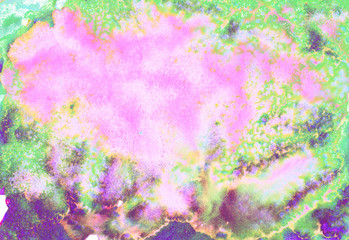 Pink, green and purple watercolor splash background. Paint stains with spots, blots, grains, splashes. Wallpaper.