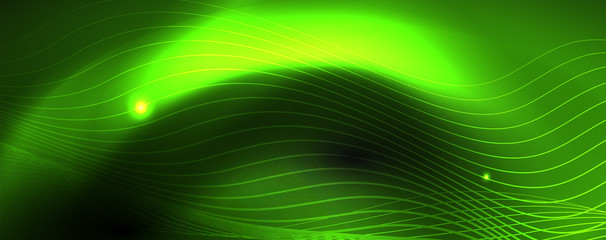 Smoky glowing waves in the dark. Dark abstract background with neon color light and wavy lines. Vector