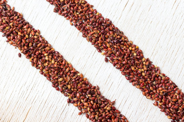 Grains of red millet lined with two stripes on a white background. Close-up
