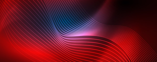 Smooth wave lines on blue neon color light background. Glowing abstract wave on dark, shiny motion, magic space light