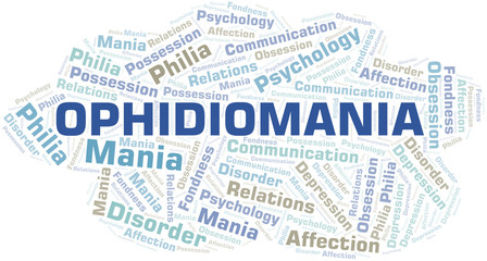 Obraz premium Ophidiomania word cloud. Type of mania, made with text only.