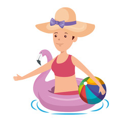 happy young girl with flemish float and balloon beach toy