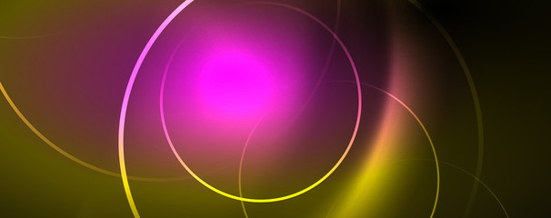 Bright neon circles and wave lines, glowing shiny background design template, digital techno concept.