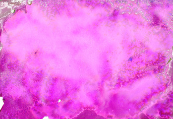 Pink and purple watercolor splash background. Paint stains with spots, blots, grains, splashes. Wallpaper.