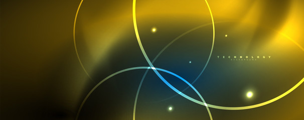 Trendy neon blue abstract design with waves and circles. Neon light glowing effect. Abstract digital background.