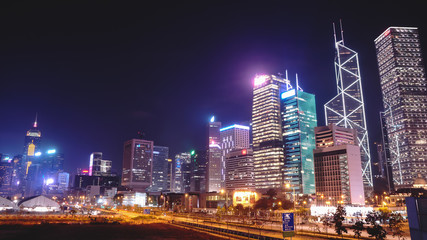 Fototapeta na wymiar Hong Kong island’s skyline at night, shot from Central Pier.