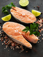 Raw salmon steaks
