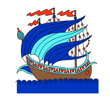 turkish ship decorative drawing in old fashion style, roman galleon 
