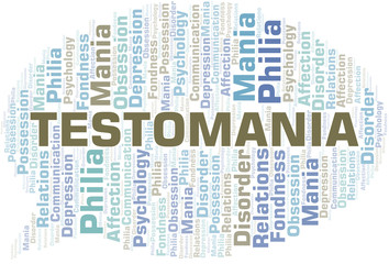 Testomania word cloud. Type of mania, made with text only.