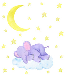 Fototapeta premium Childlike illustration watercolor elephant asleep stars moon postcard design scrapbooking stickers stickers congratulations invitations 