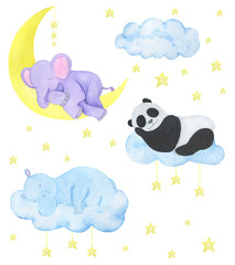  Children illustration watercolor animals sleep elephant hippo panda stars moon greeting card design scrapbooking stickers stickers poster congratulations invitations