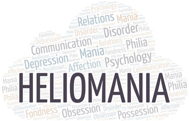 Heliomania word cloud. Type of mania, made with text only.