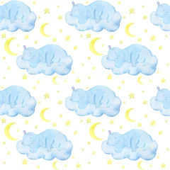 Foto auf Glas Pattern seamless children's illustration hippo sleeps stars clouds moon watercolor illustration digital paper scrapbooking design stickers greeting cards kids textiles © Ирина Шишкова