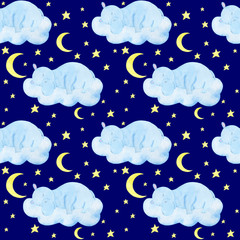 Pattern seamless children's illustration hippo sleeps stars clouds moon watercolor illustration digital paper scrapbooking design stickers greeting cards kids textiles