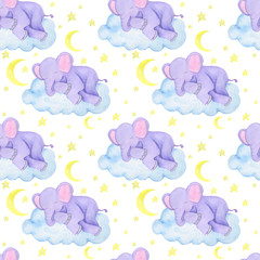  Seamless children's illustration pattern elephant asleep stars clouds moon watercolor illustration digital paper scrapbooking design stickers greeting cards kids textiles