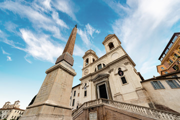 Church of the Santissima Trinita dei Monti in Renaissance style, XVI century, and the Obelisk Sallustiano in Piazza di Spagna, Rome, UNESCO world heritage site, Latium, italy, Europe