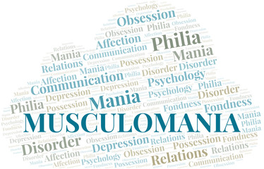 Musculomania word cloud. Type of mania, made with text only.