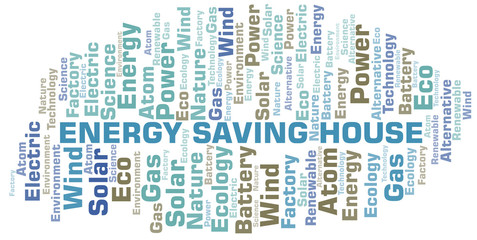 Energy Saving House word cloud. Wordcloud made with text only.