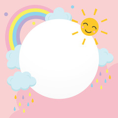 Background illustration of clouds and rainbow, smiling sun