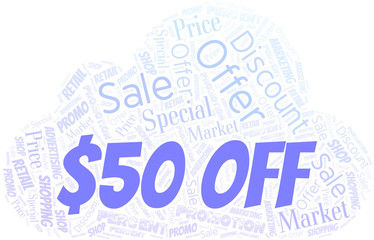 $50 Off word cloud. Wordcloud made with text only.