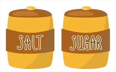 SUGAR AND SALT A CUTE CHARACTER FOR THE RESTAURANT AND CAFE MENU, CARDS. JARS WITH SPICES. VECTOR GRAPHICS KAVAI FOOD.