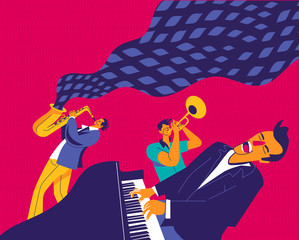 Jazz trio. Funky musicians with saxophone, trumpet and piano. Modern flat colors illustration.