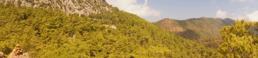 Obraz premium Mountain southern summer landscape. View of the green hills and cliffs.