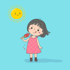 Cute little girl feeling happy with watermelon ice cream in hot sunny day.