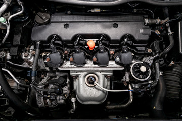 close-up of the engine, front view. Internal combustion engine, car parts, deteyling, Soft focus .