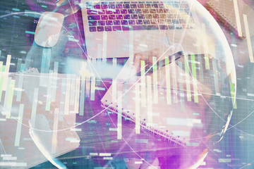 International business hud over woman's hands writing background. Concept of hard work. Double exposure