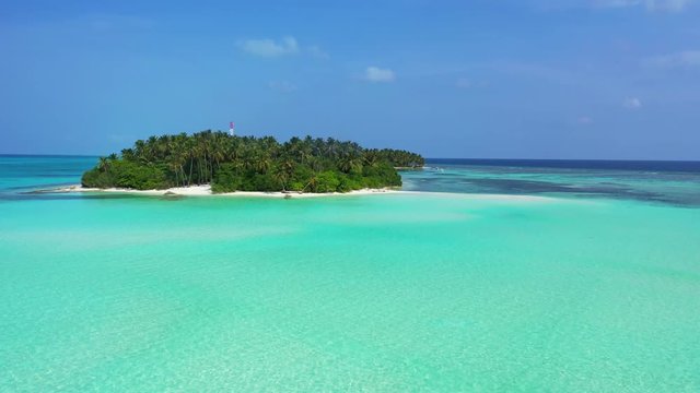 Aerial view, a tropical island in the turquoise Caribbean sea. A forest and palm and a blue sky. wide angle, tilt down.